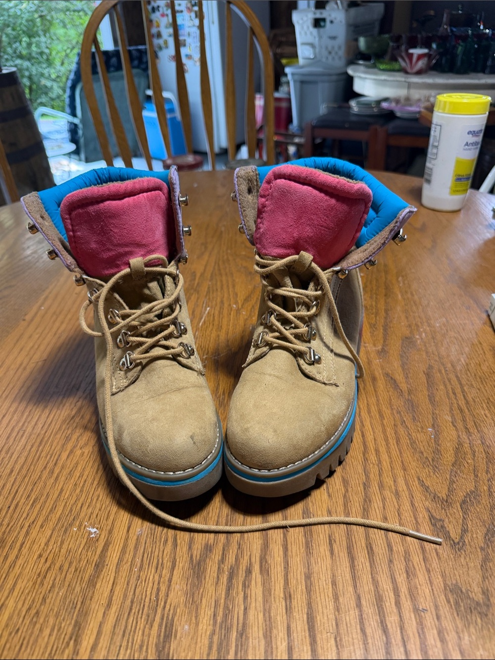 Pacifica Tan Suede Kids/Women’s Lace-Up Boots with Pink Tongue and Blue Trim